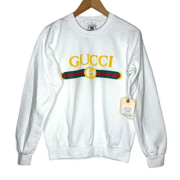 Yo Mama’s Bootleg Gucci Logo White Sweatshirt Sz S Made In USA 1 of 20 NWT - Picture 1 of 5